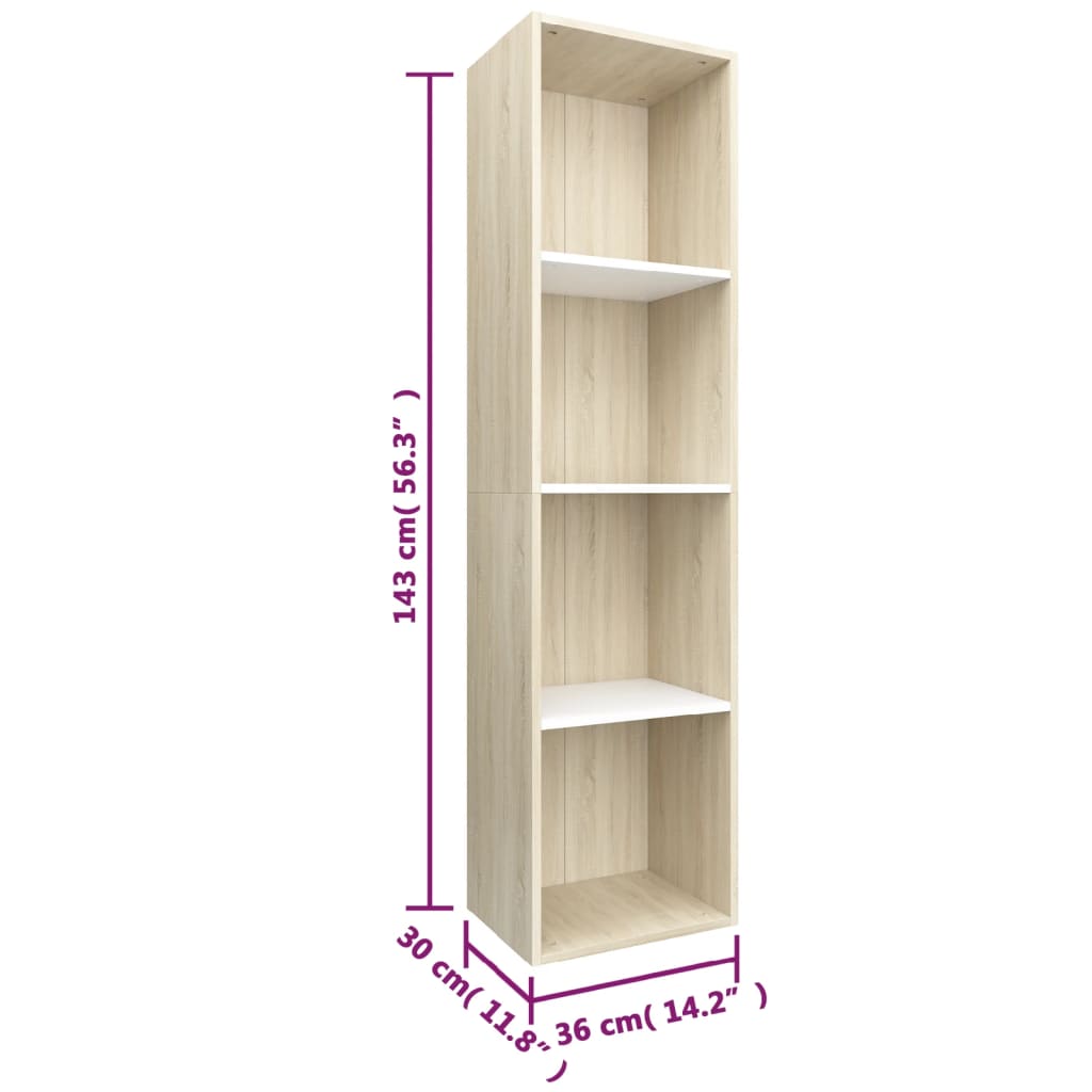 bogreol/tv-bord 36x30x143 cm konstrueret træ hvid og sonoma-eg