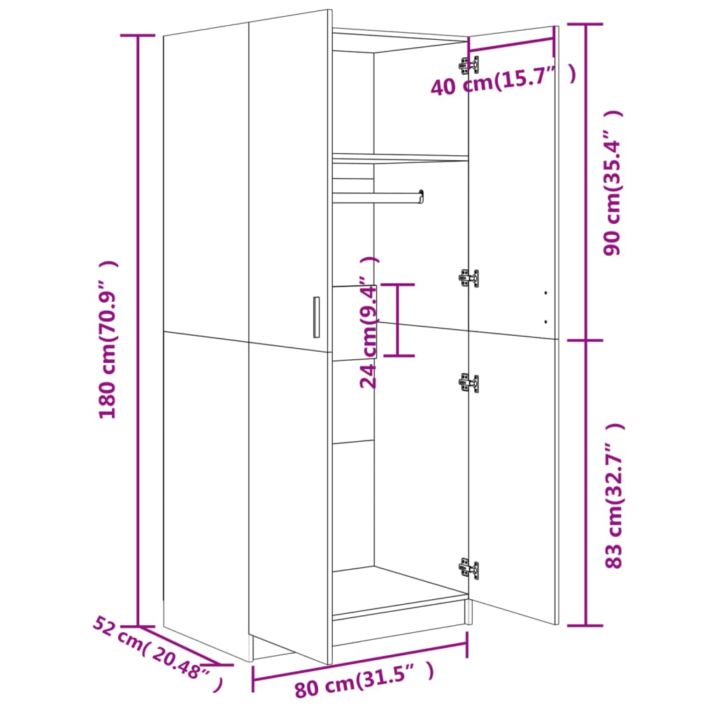 klædeskab 80x52x180 cm konstrueret træ betongrå