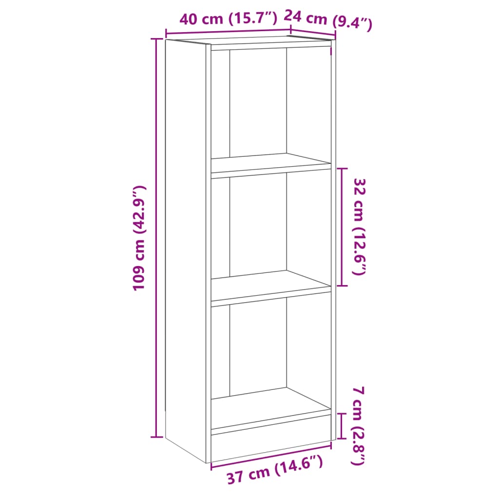 bogreol med 3 hylder 40x24x109 cm konstrueret træ grå højglans