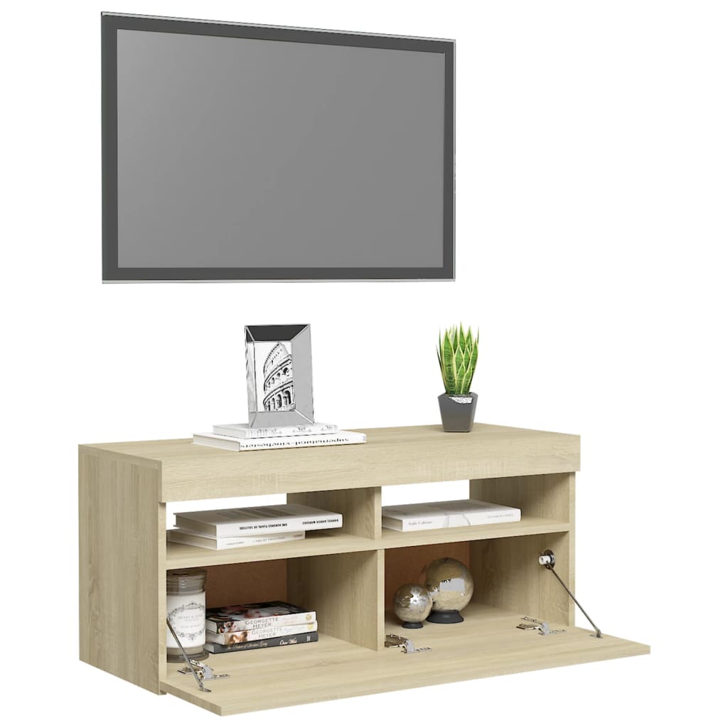 tv-bord med LED-lys 90x35x40 cm sonoma-eg