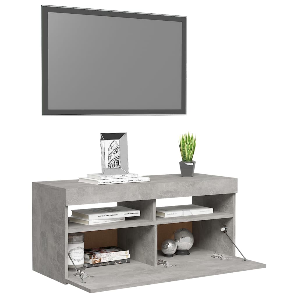 tv-bord med LED-lys 90x35x40 cm betongrå