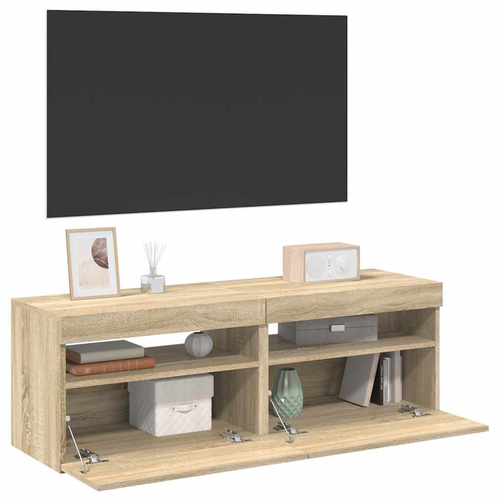 tv-borde med LED-lys 2 stk. 60x35x40 cm sonoma-eg