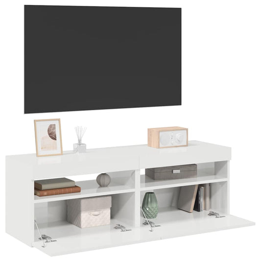 tv-borde med LED-lys 2 stk. 60x35x40 cm hvid højglans