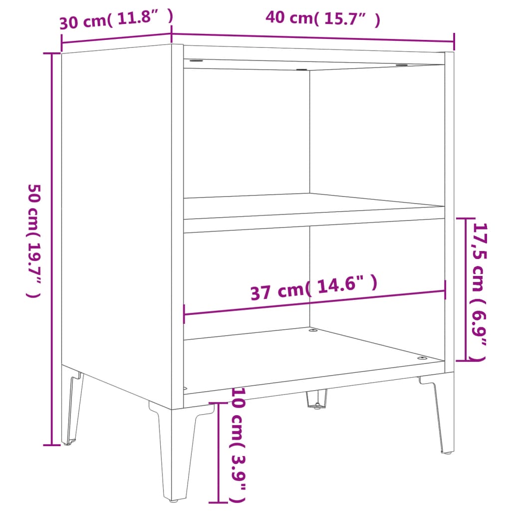 sengeborde 2 stk. med metalben 40x30x50 cm hvid højglans