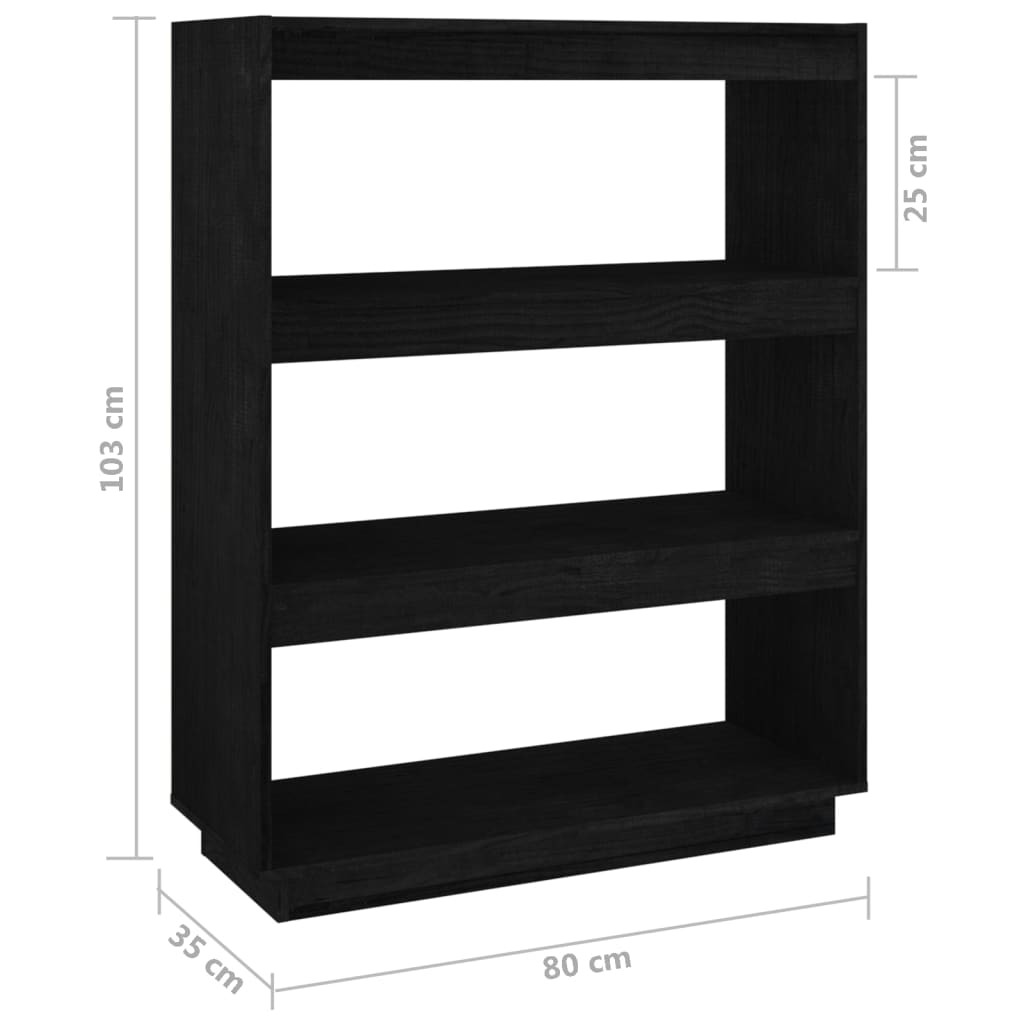 bogreol/rumdeler 80x35x103 cm massivt fyrretræ sort