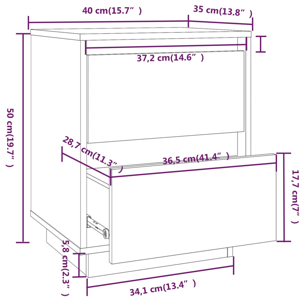 sengebord 40x35x50 cm massivt fyrretræ