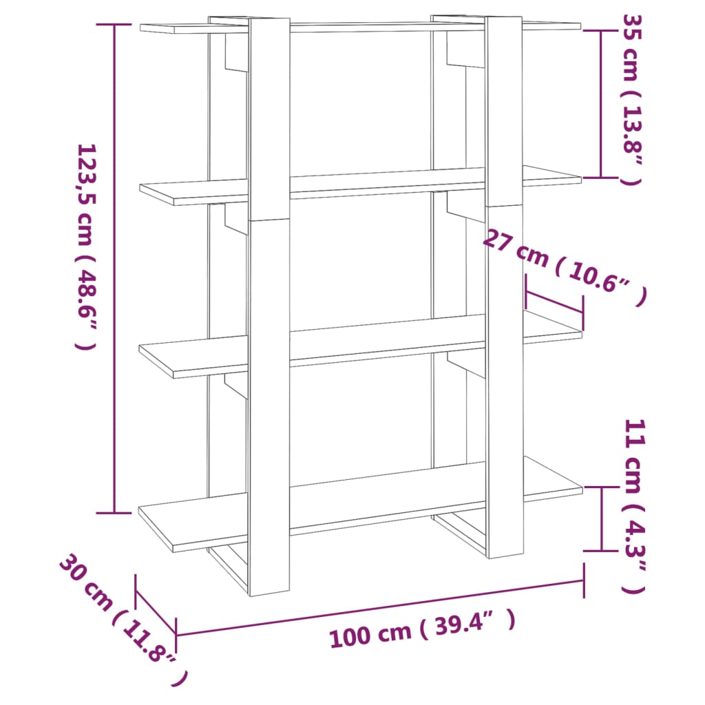 bogreol/rumdeler 100x30x123,5 cm fyrretræ hvid