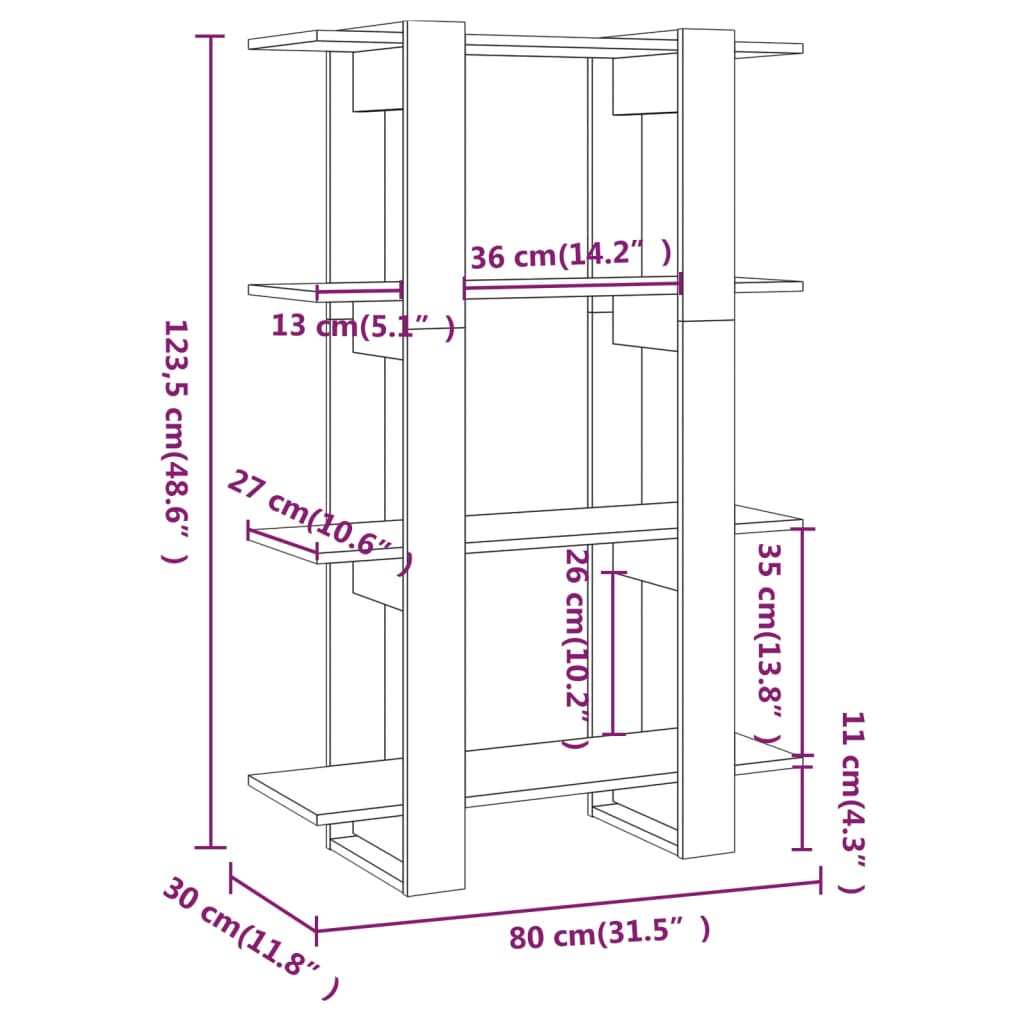 bogreol/rumdeler 80x30x123,5 cm hvid