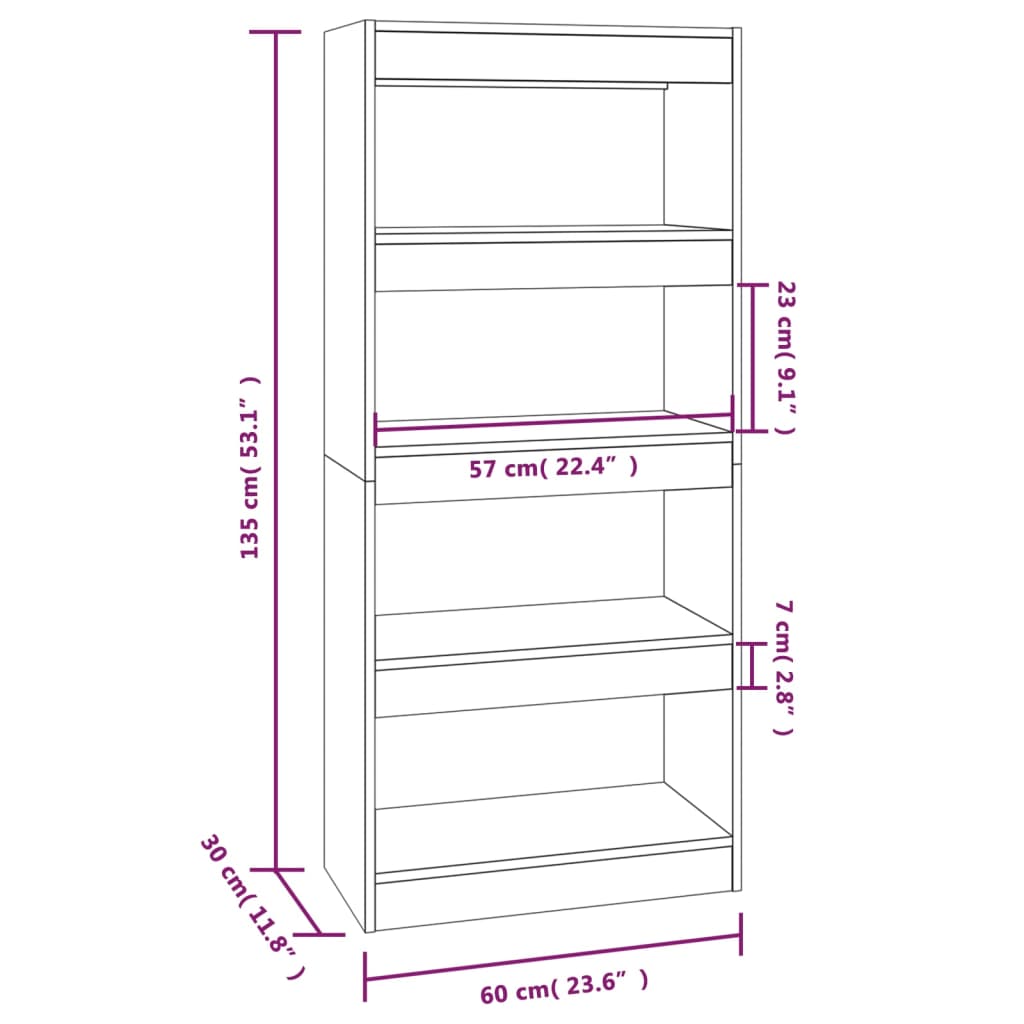 bogreol/rumdeler 60x30x135 cm konstrueret træ sonoma-eg