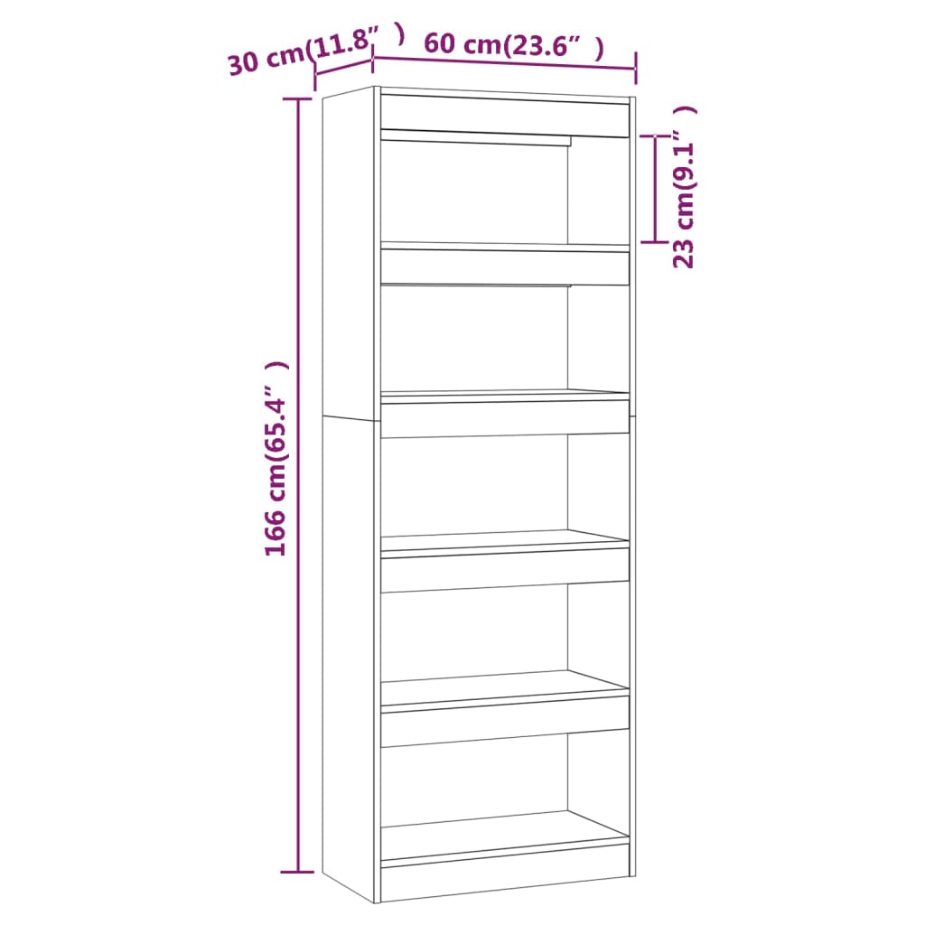 bogreol/rumdeler 60x30x166 cm konstrueret træ sonoma-eg