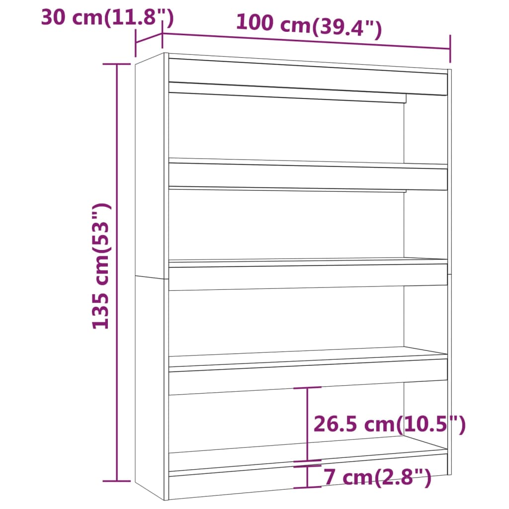 bogreol/rumdeler 100x30x135 cm fyrretræ hvid