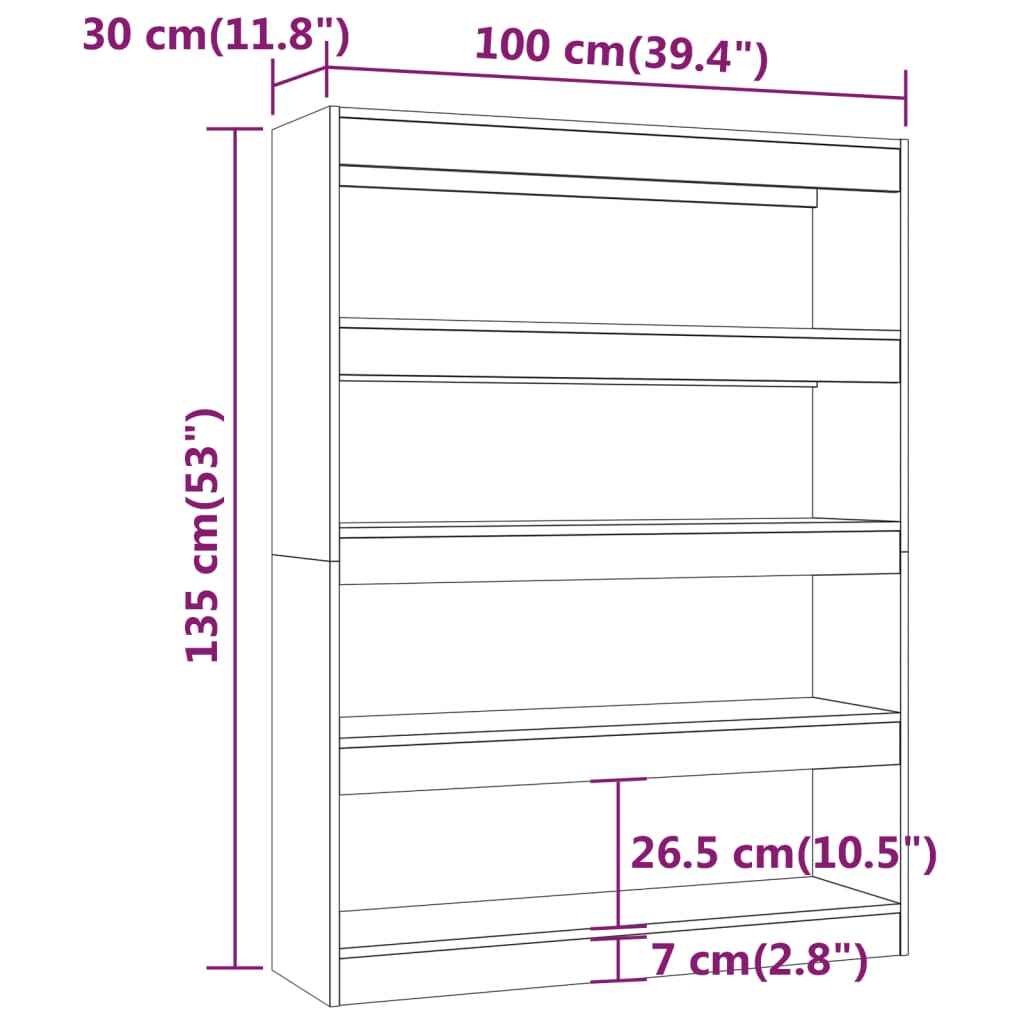 bogreol/rumdeler 100x30x135 cm betongrå