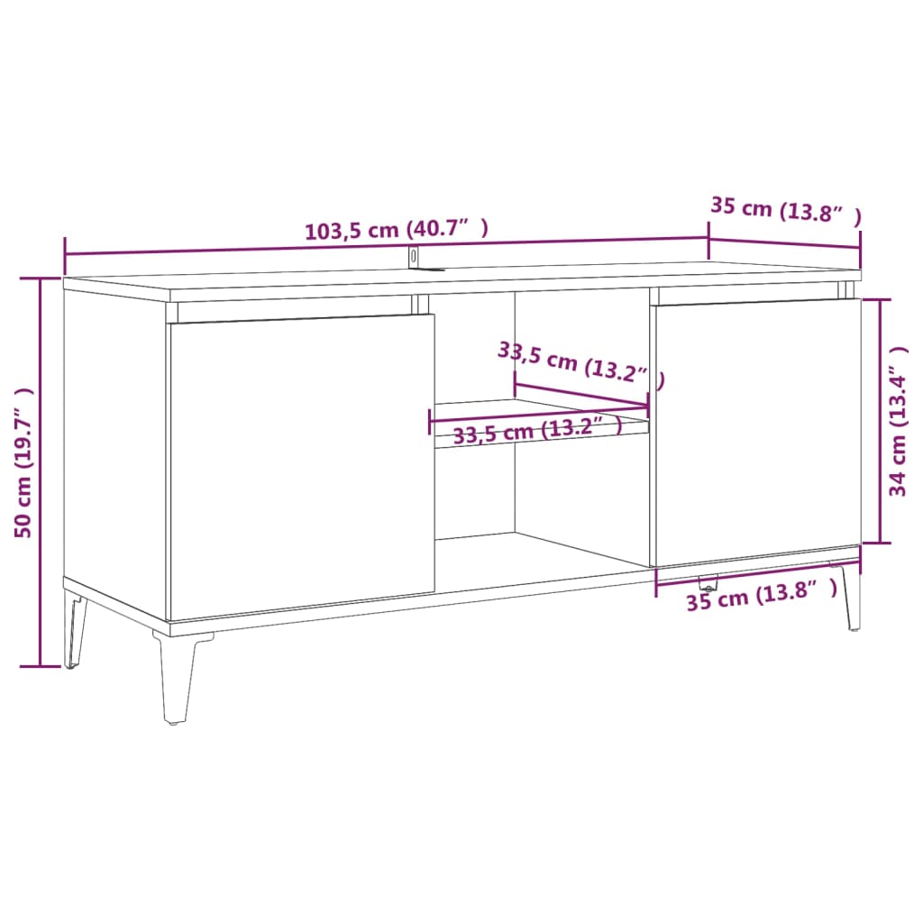 tv-bord med metalben 103,5x35x50 cm brun egetræsfarve