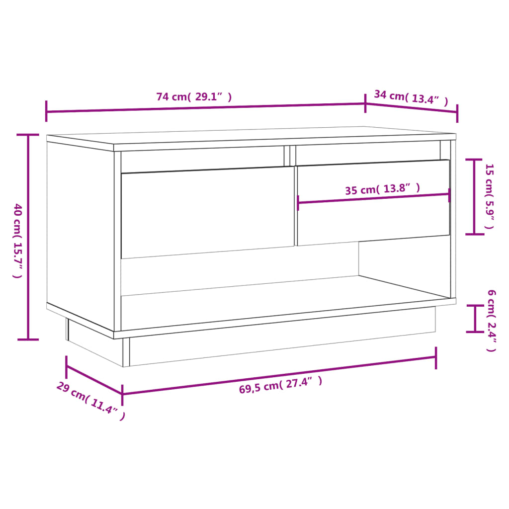 tv-bord 74x34x40 cm massivt fyrretræ hvid