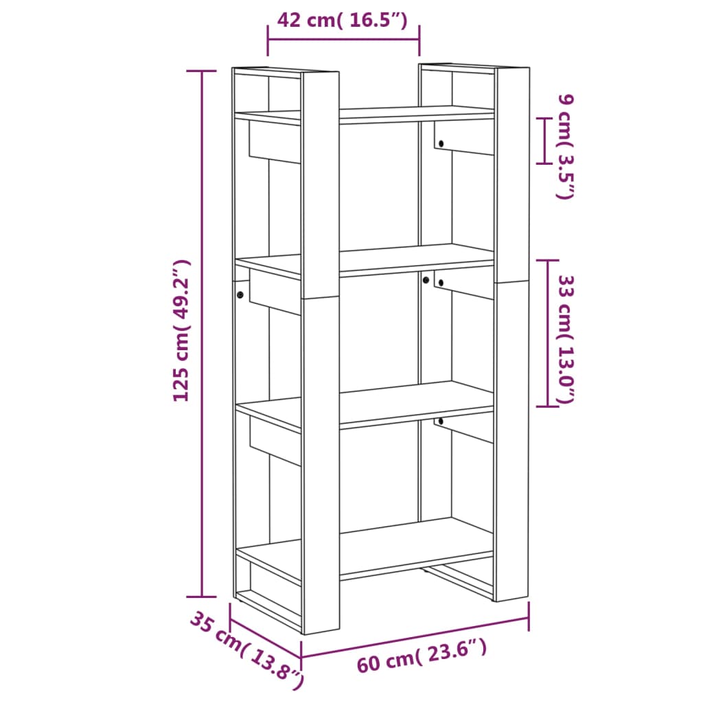 bogreol/rumdeler 60x35x125 cm massivt træ