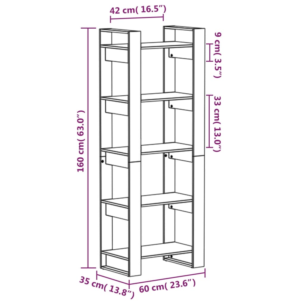 bogreol/rumdeler 60x35x160 cm massivt træ sort