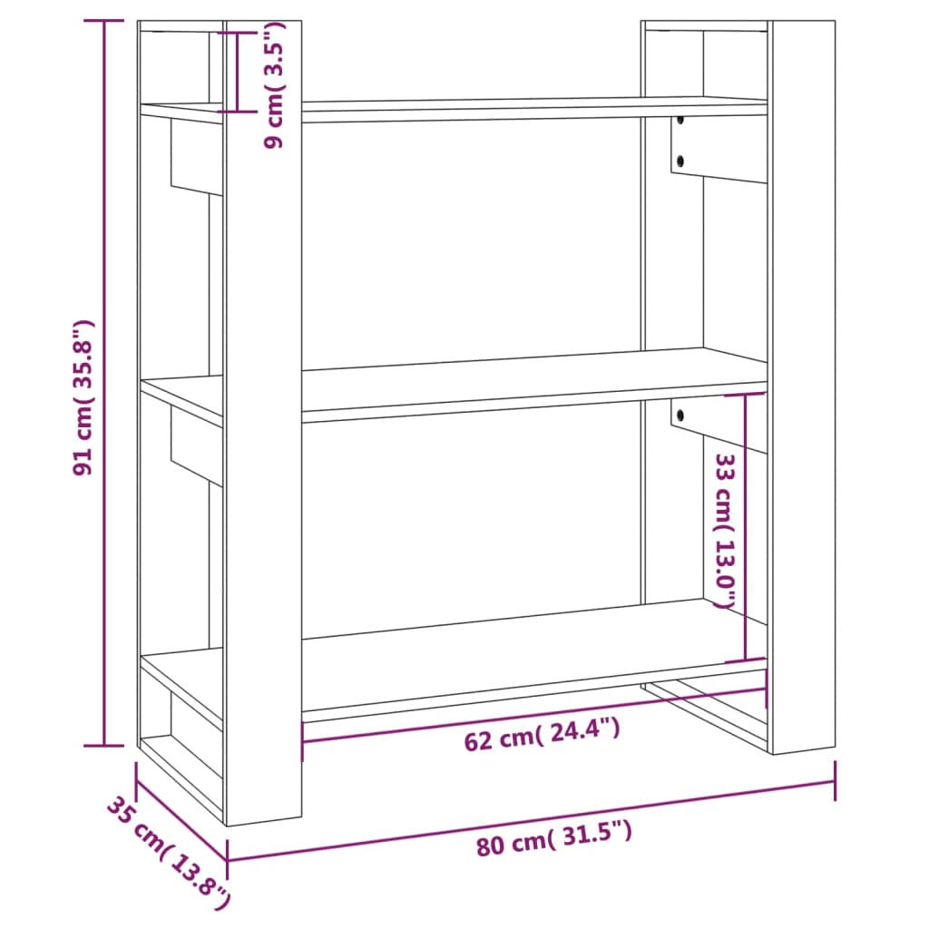 bogreol/rumdeler 80x35x91 cm massivt fyrretræ gyldenbrun