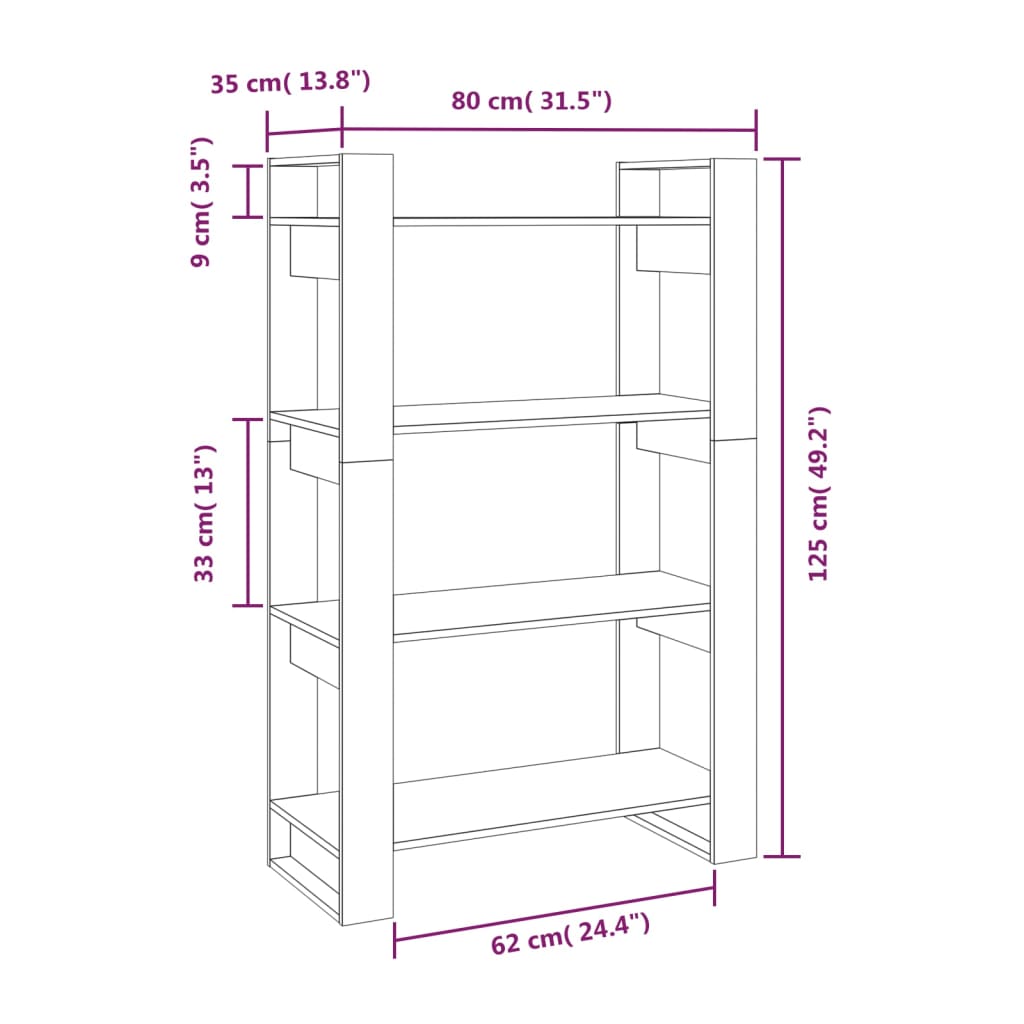 bogreol/rumdeler 80x35x125 cm massivt fyrretræ