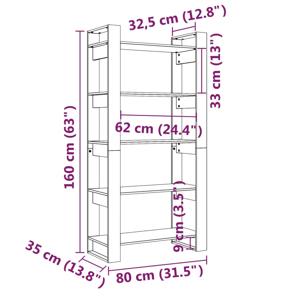 bogreol/rumdeler 80x35x160 cm massivt fyrretræ