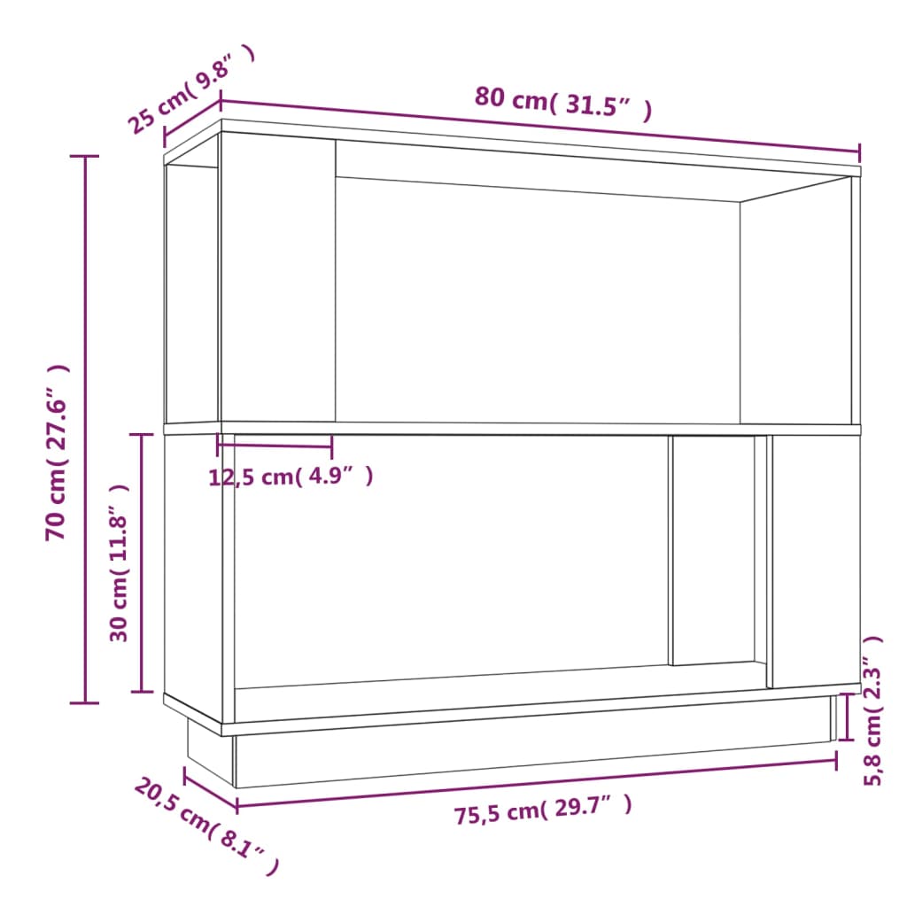 bogreol/rumdeler 80x25x70 cm massivt fyrretræ