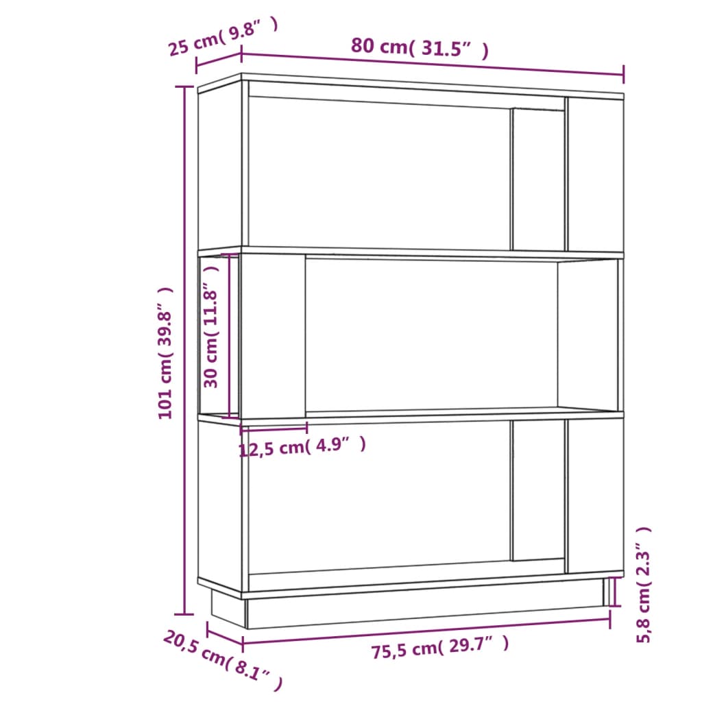 bogreol/rumdeler 80x25x101 cm massivt fyrretræ