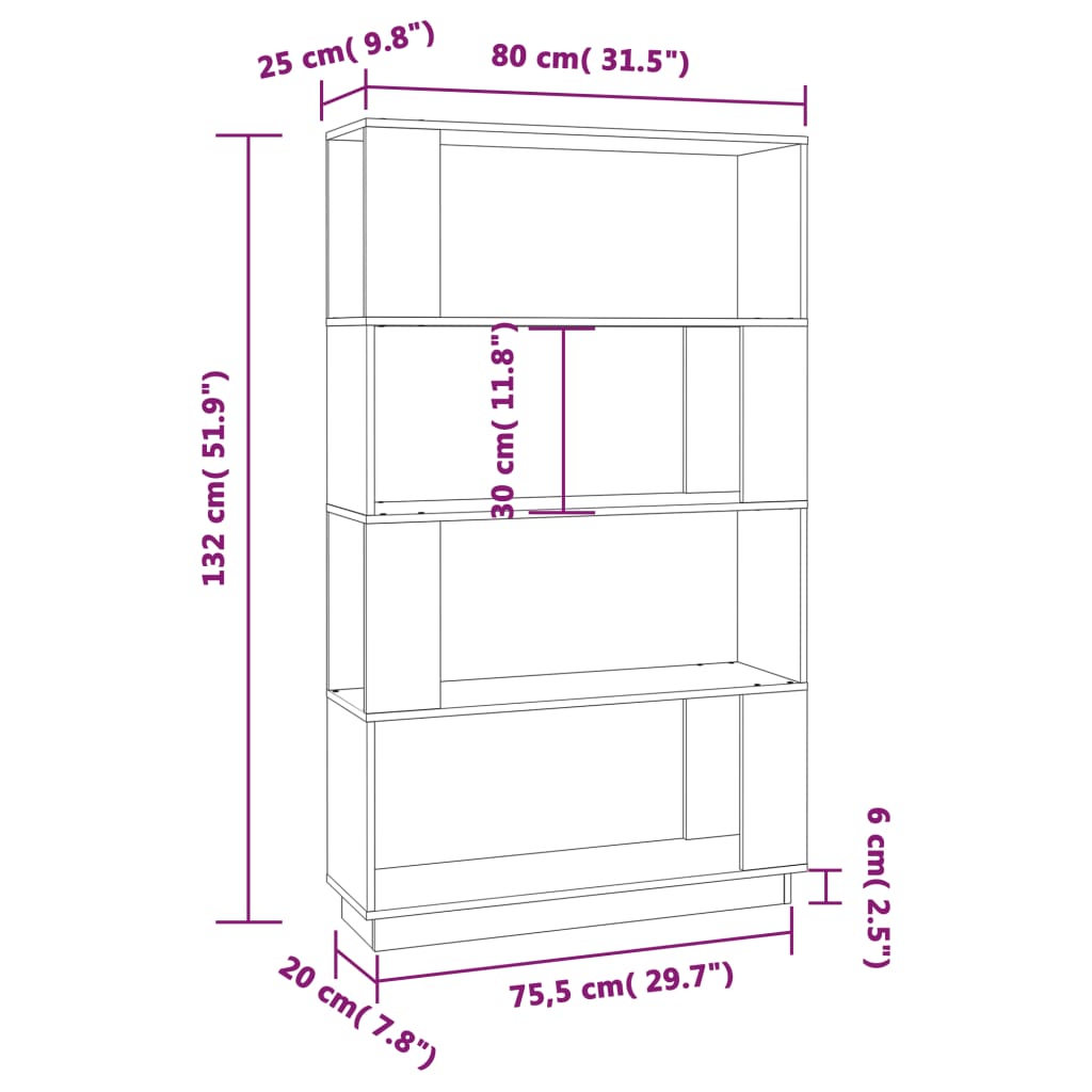 bogreol/rumdeler 80x25x132 cm massivt fyrretræ