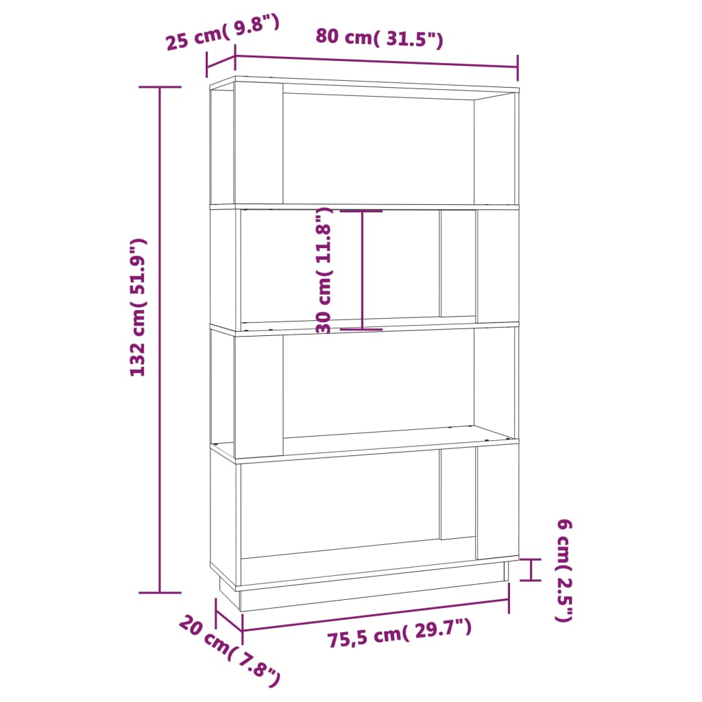 bogreol/rumdeler 80x25x132 cm massivt fyrretræ hvid