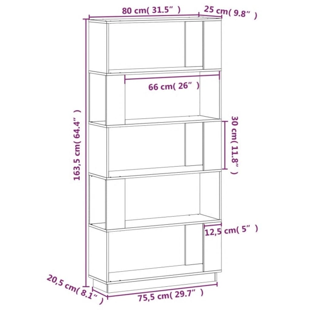 bogreol/rumdeler 80x25x163,5 cm massivt fyrretræ