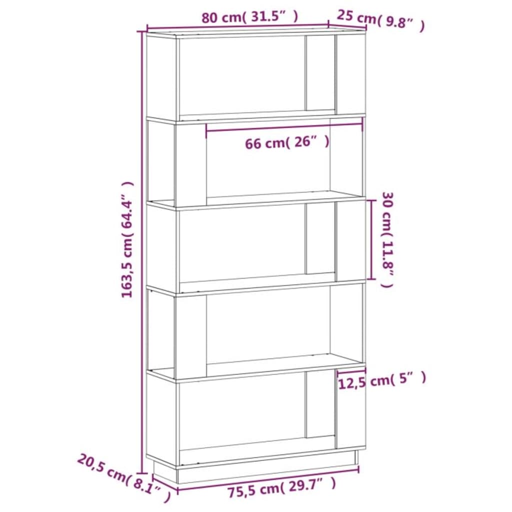 bogreol/rumdeler 80x25x163,5 cm massivt fyrretræ sort