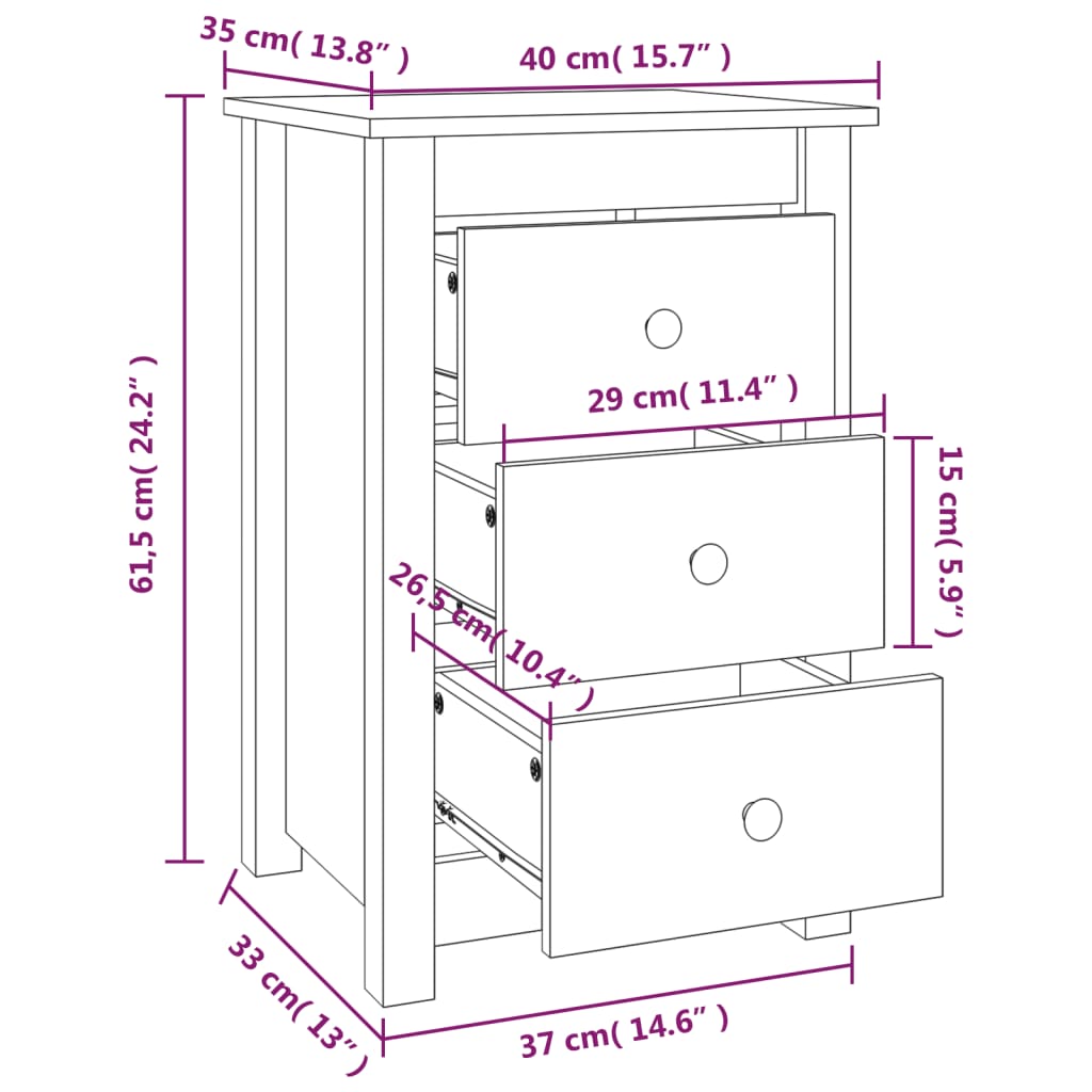 sengebord 40x35x61,5 cm massivt fyrretræ hvid