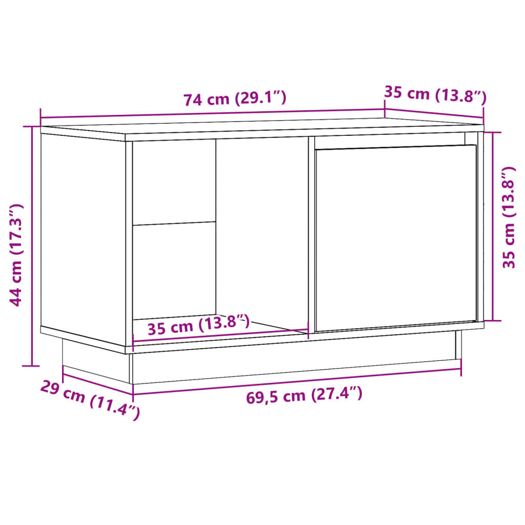 tv-bord 74x35x44 cm massivt fyrretræ hvid