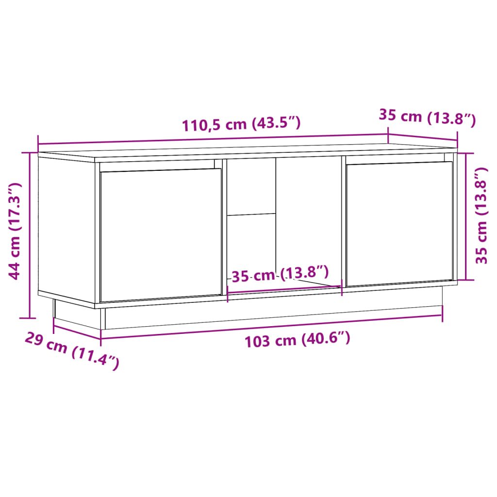 tv-bord 110,5x35x44 cm massivt fyrretræ hvid