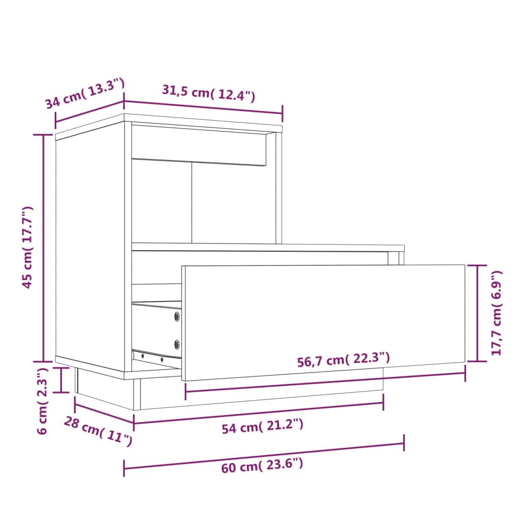 sengebord 60x34x51 cm massivt fyrretræ hvid