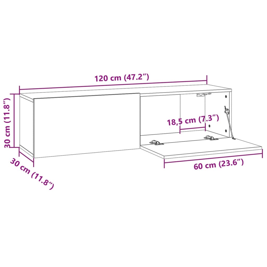 væghængt tv-bord 120x30x30 cm konstrueret træ brunt egetræ