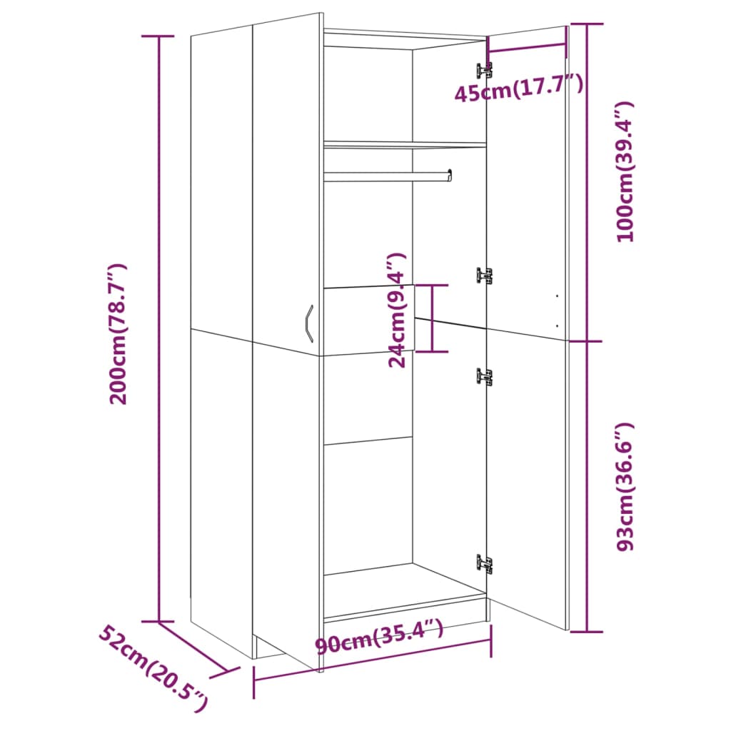 klædeskab 90x52x200 cm konstrueret træ brun egetræsfarve