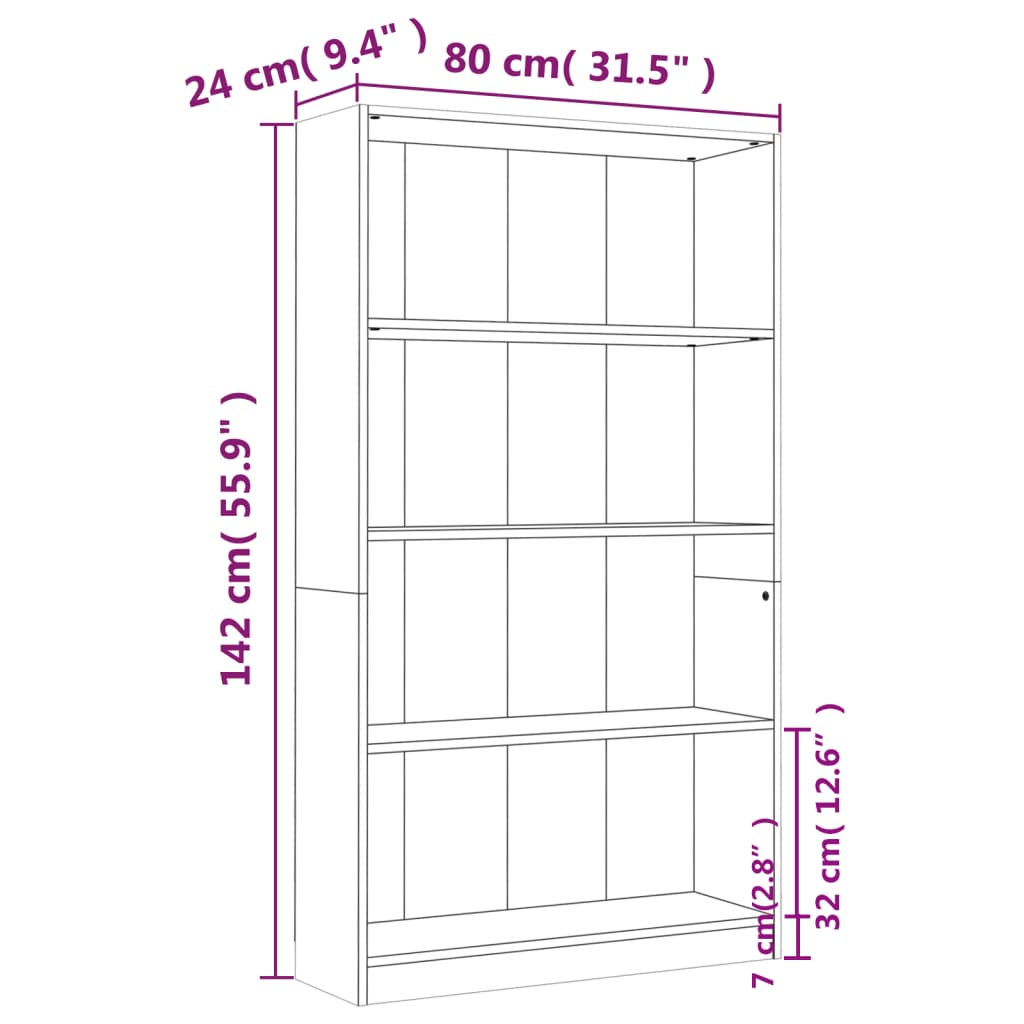 bogreol m. 4 hylder 80x24x142 cm konstrueret træ grå sonoma