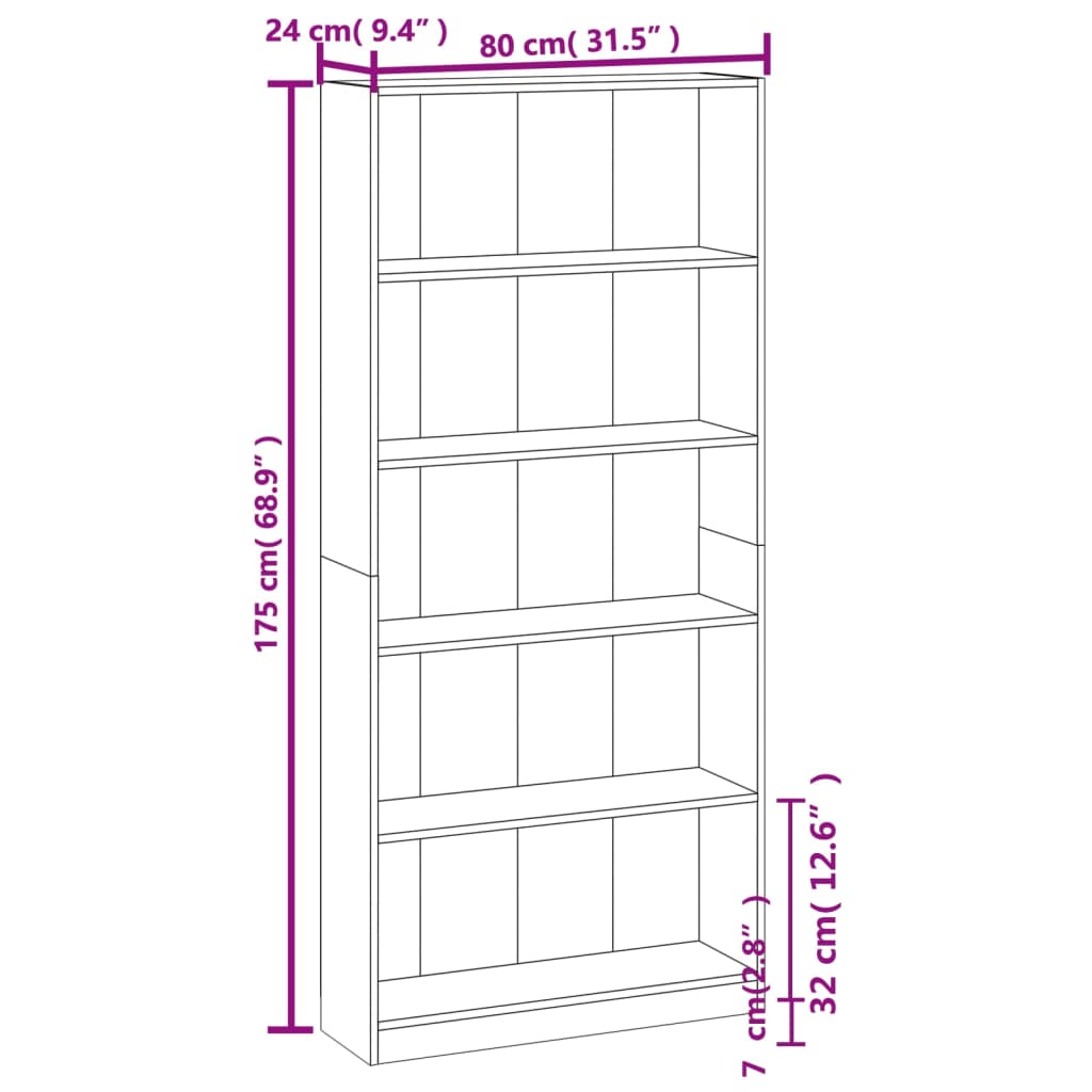 bogreol med 5 hylder 80x24x175 cm konstrueret træ grå sonoma-eg