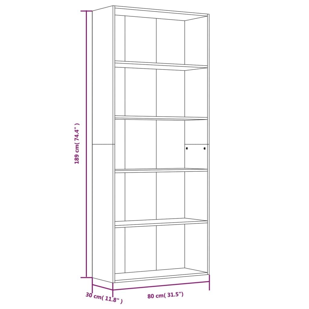 bogreol m. 5 hylder 80x30x189 cm konstrueret træ grå sonoma