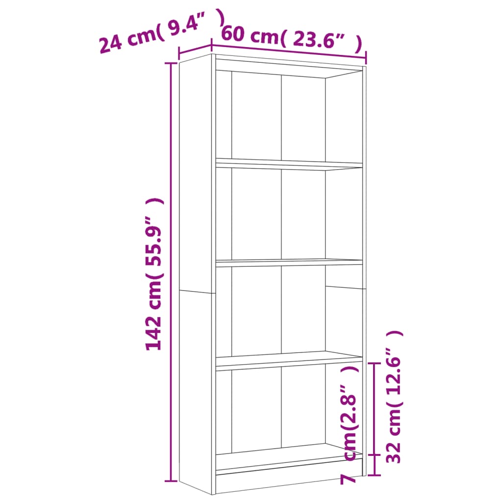 bogreol m. 4 hylder 60x24x142 cm konstrueret træ røget egetræ