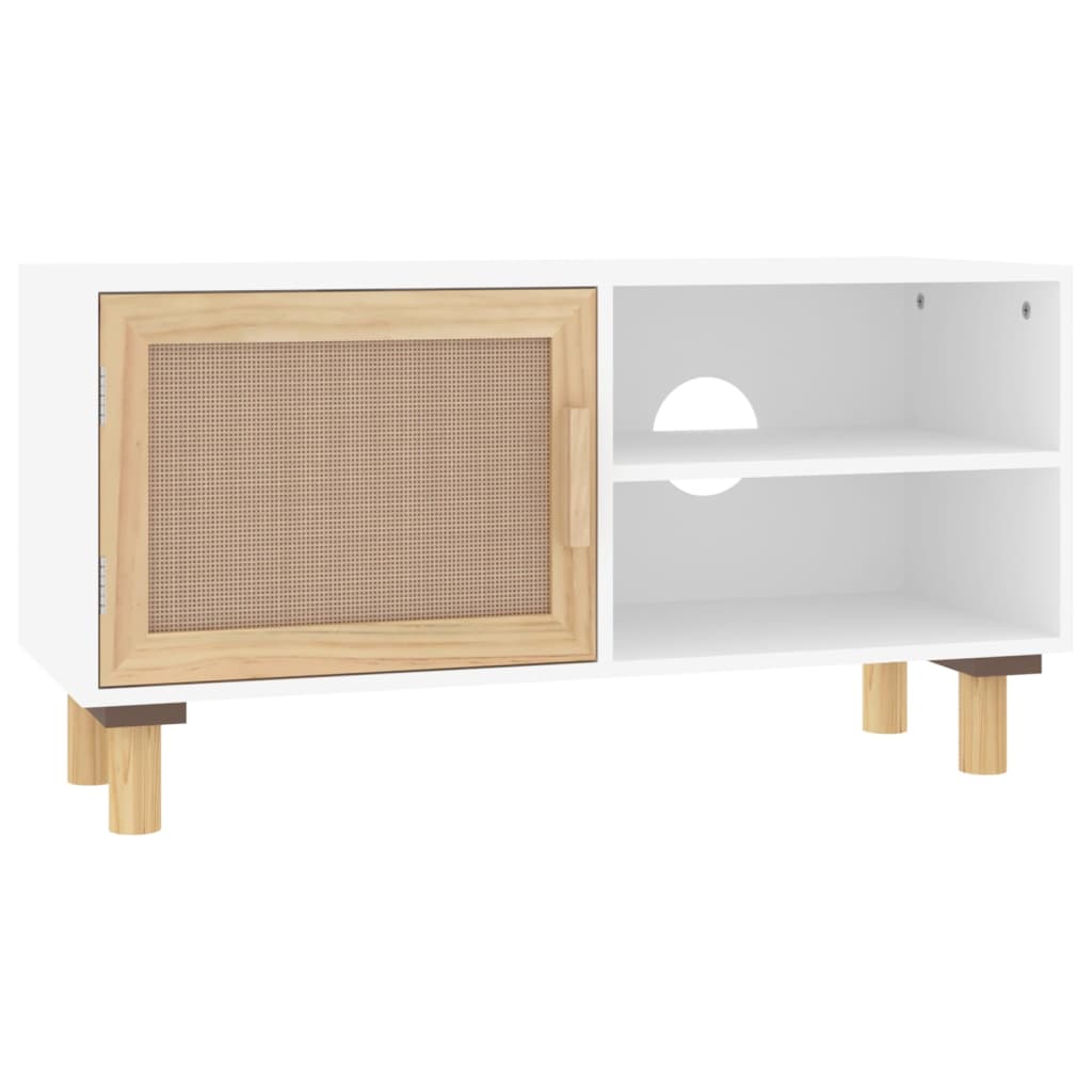 tv-bord 80x30x40 cm massivt fyrretræ og naturlig rattan hvid