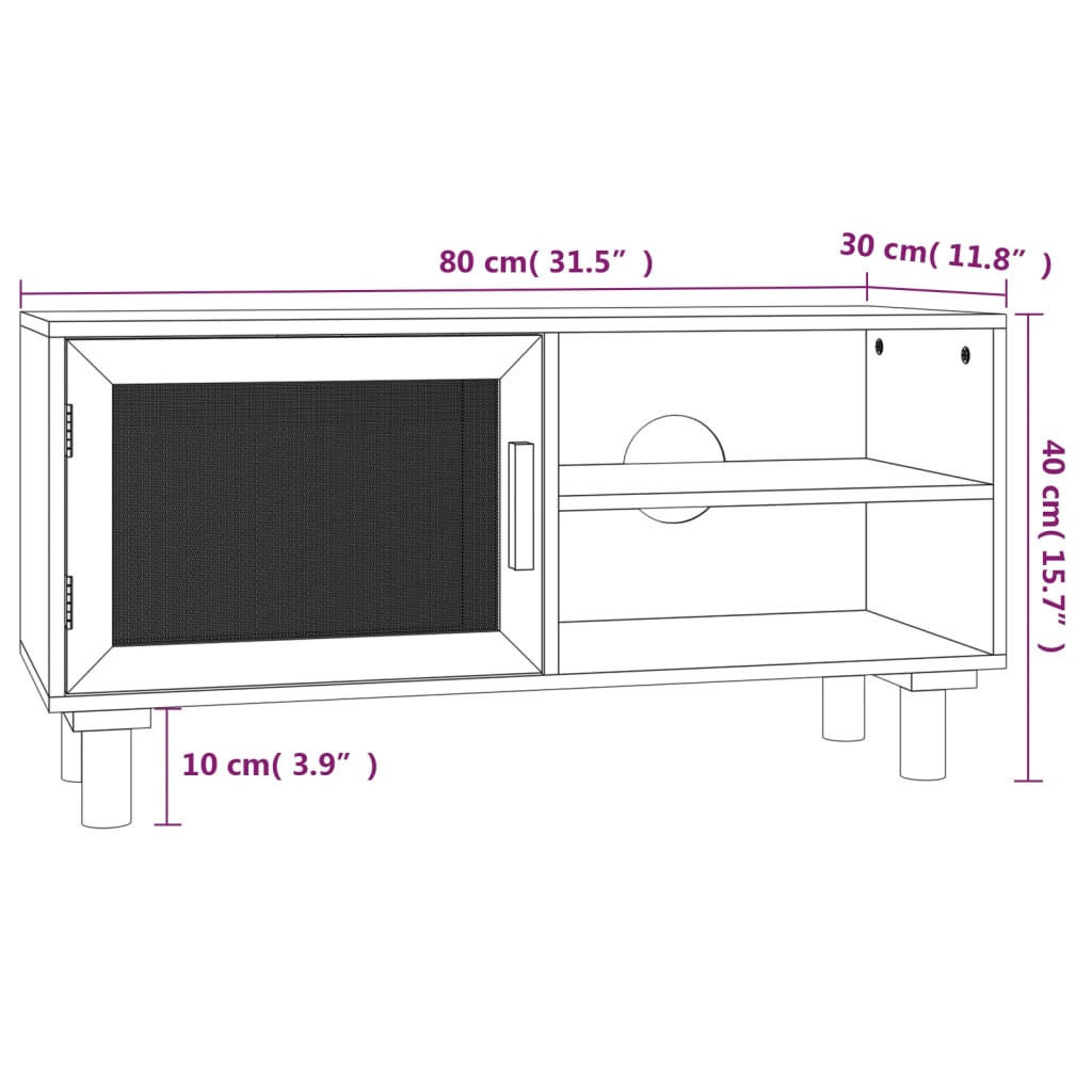 tv-bord 80x30x40 cm massivt fyrretræ og naturlig rattan hvid