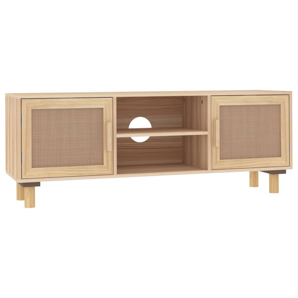 tv-bord 105x30x40 cm massivt fyrretræ og naturlig rattan brun