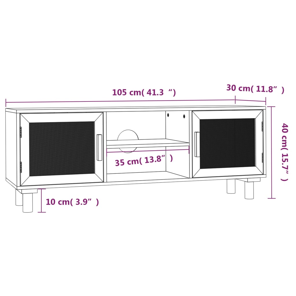 tv-bord 105x30x40 cm massivt fyrretræ og naturlig rattan brun