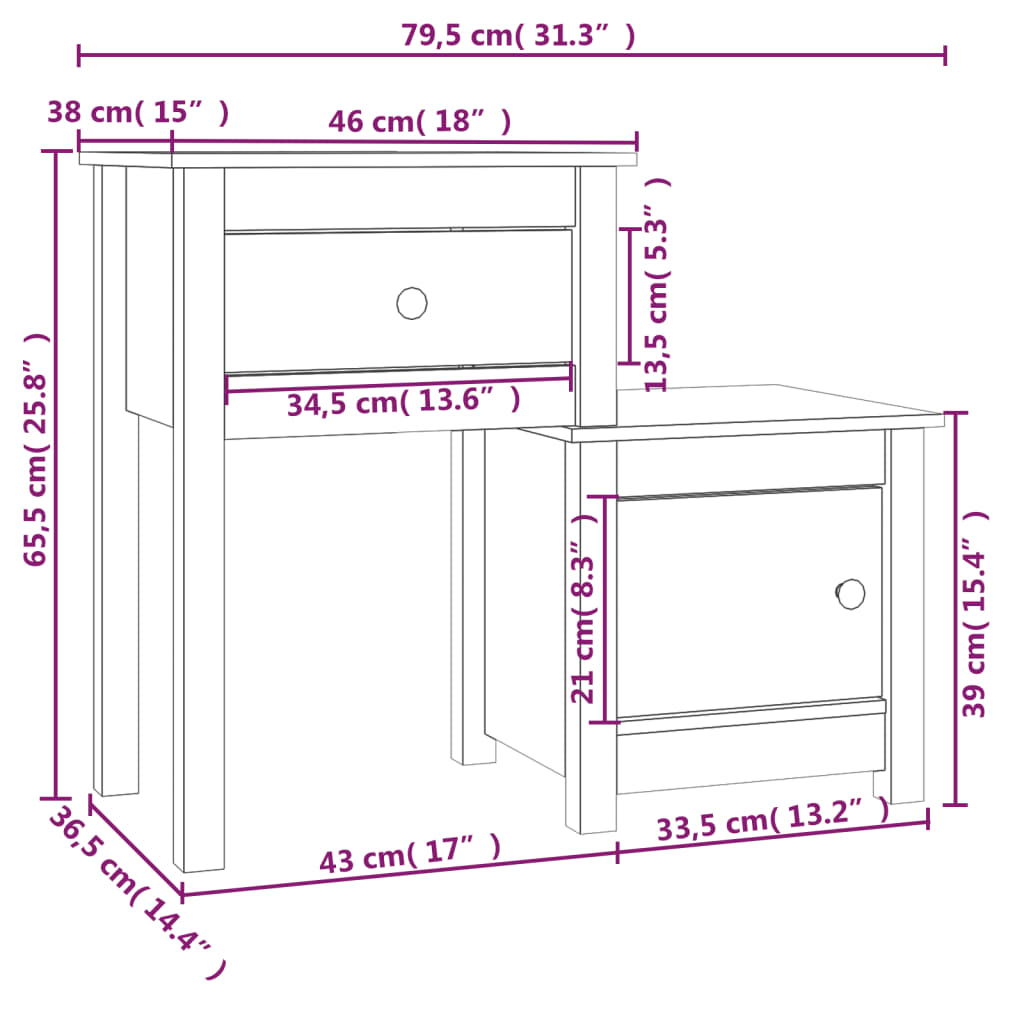 sengebord 79,5x38x65,5 cm massivt fyrretræ