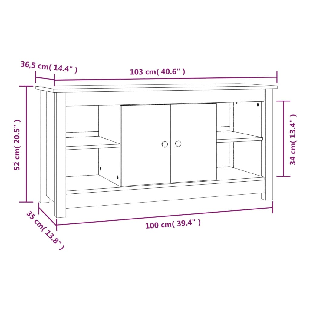 tv-bord 103x36,5x52 cm massivt fyrretræ hvid