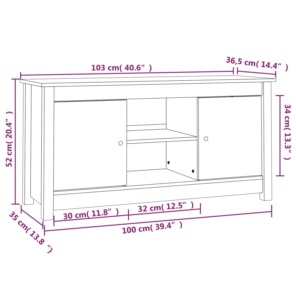 tv-bord 103x36,5x52 cm massivt fyrretræ hvid