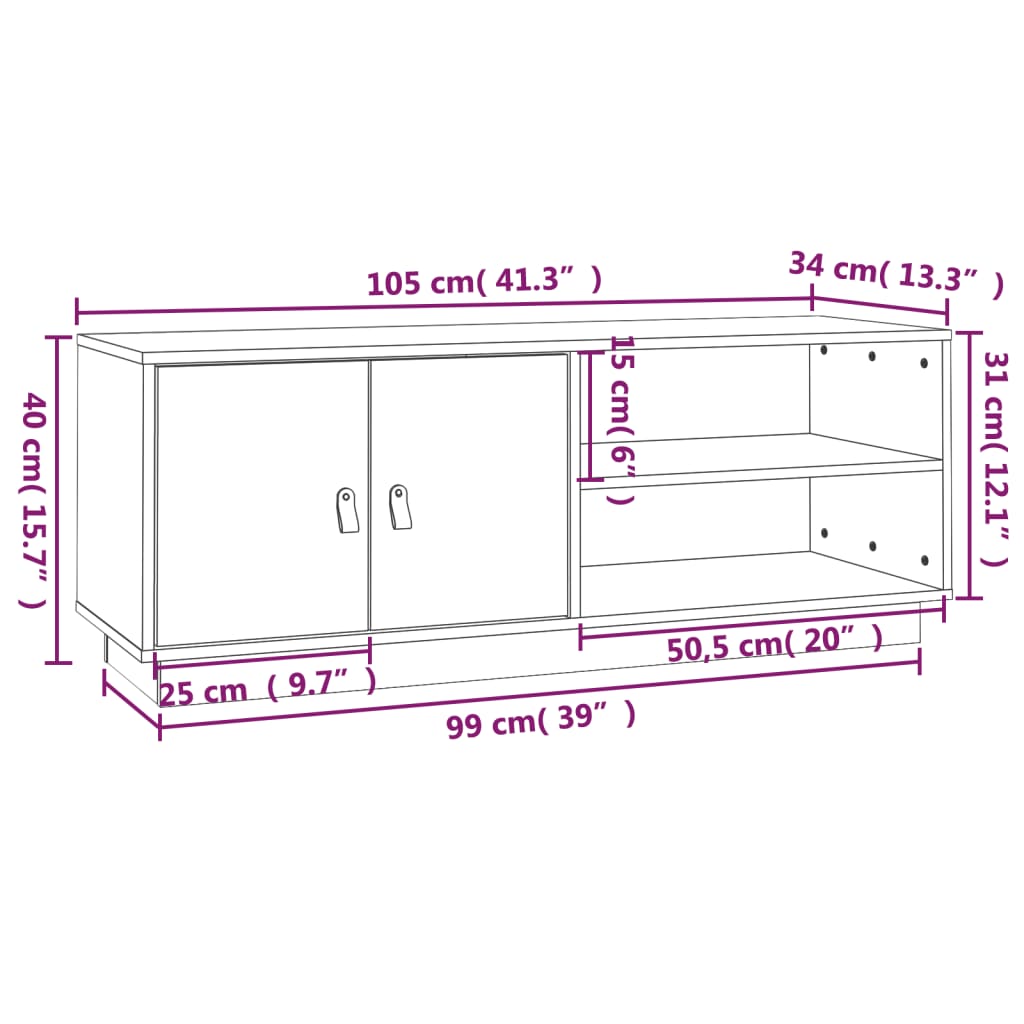 tv-bord 105x34x40 cm massivt fyrretræ hvid