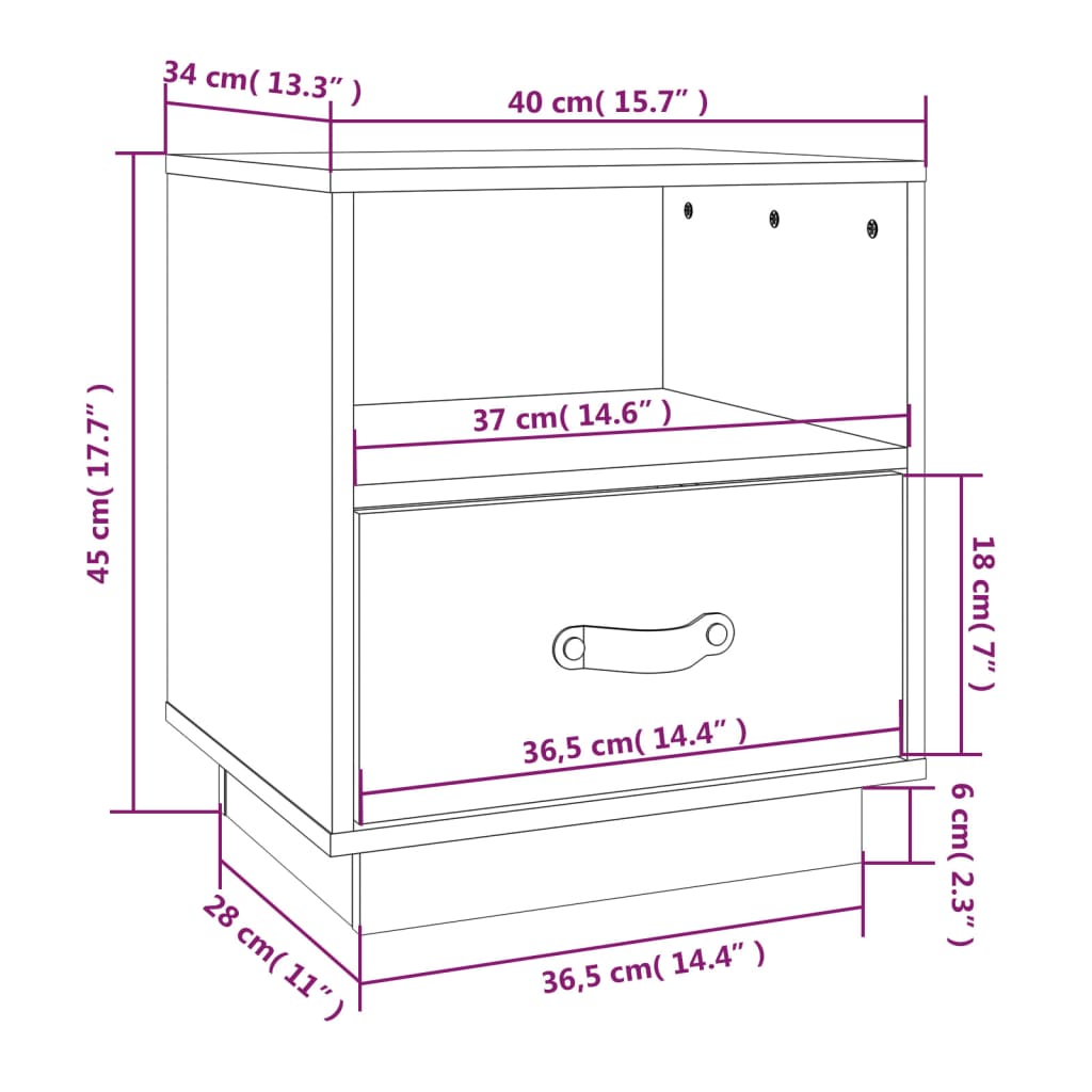 sengebord 40x34x45 cm massivt fyrretræ hvid