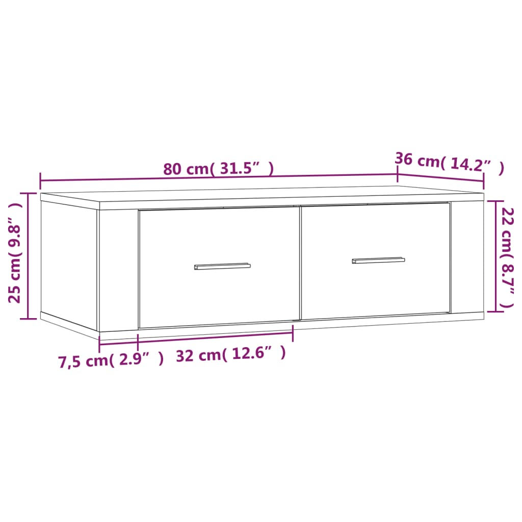 væghængt tv-bord 80x36x25 cm konstrueret træ brun egetræ