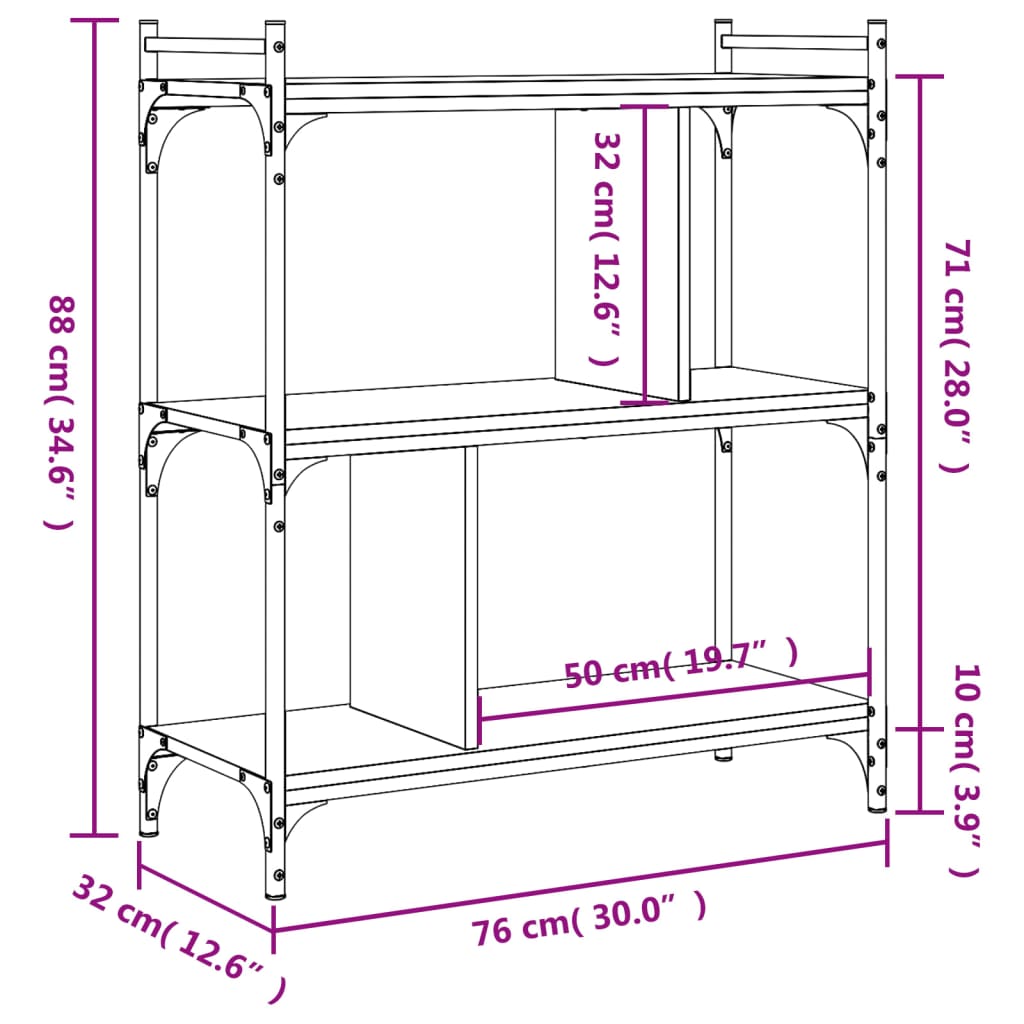 bogreol med 3 hylder 76x32x88 cm konstrueret træ sort